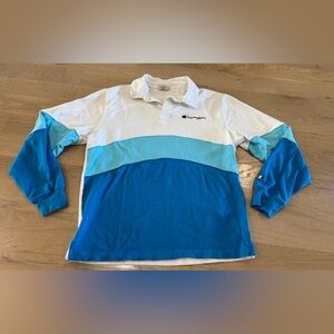 Champion colorblock rugby long-sleeve polo shirt blue white mens size medium